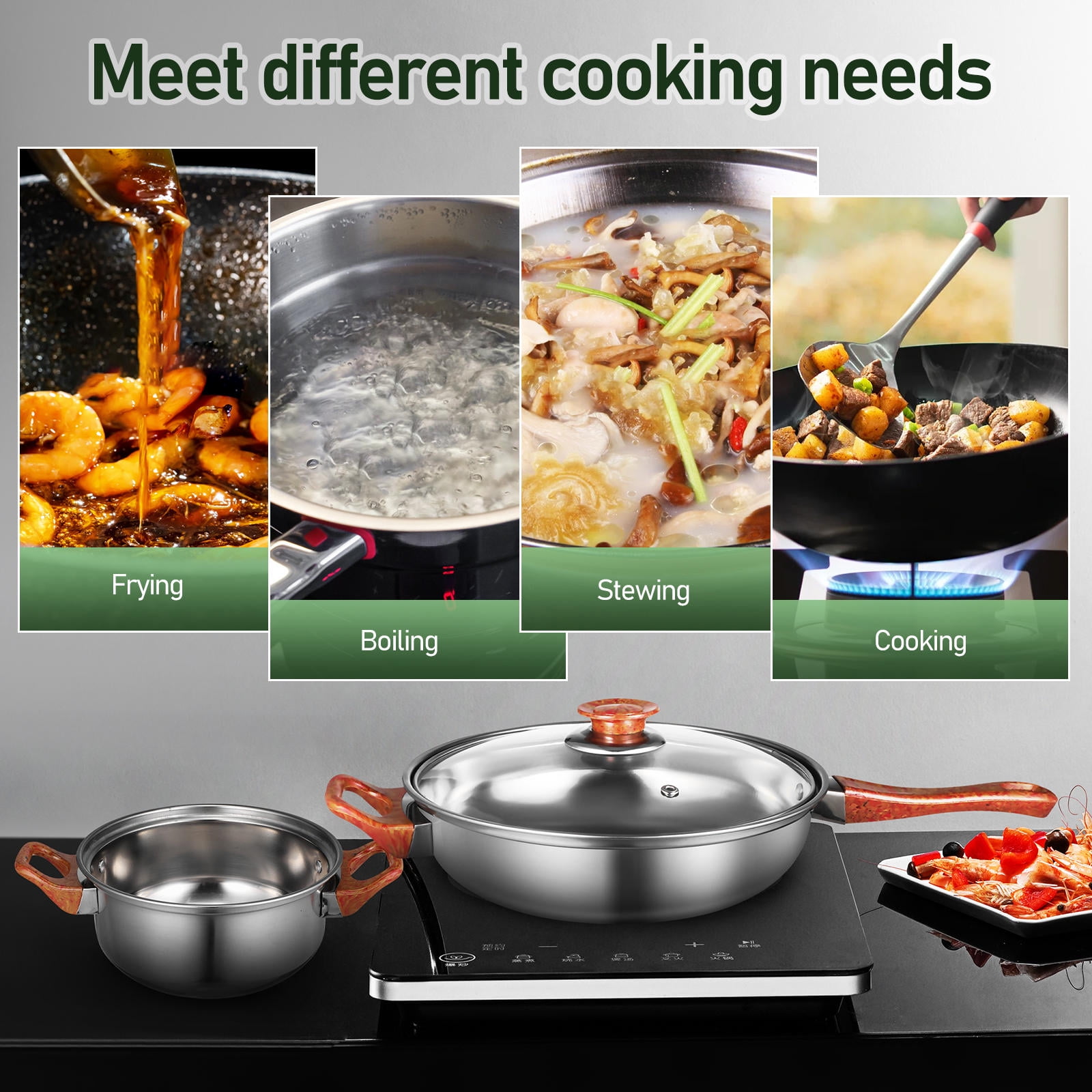 ETHZZLE Nonstick Stainless Steel Cookware Set with Wood Grain Handles, Pots and Pans for Everyday Versatile Cooking