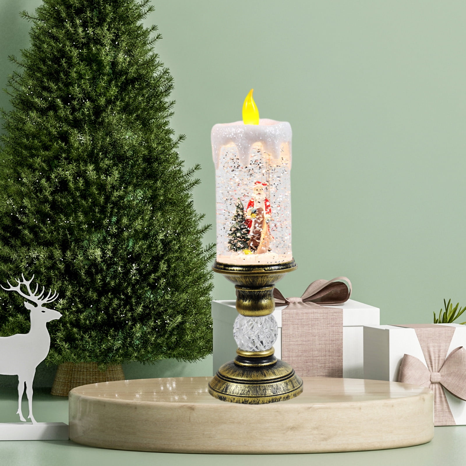 Dengmore Christmas Ornament Resin Luminous Santa Snowman Imitation Candle Light with Music Box LED Flameless Flickering Candle Lights Retro Night Light for Living Bedroom Xmas Decor, Gift