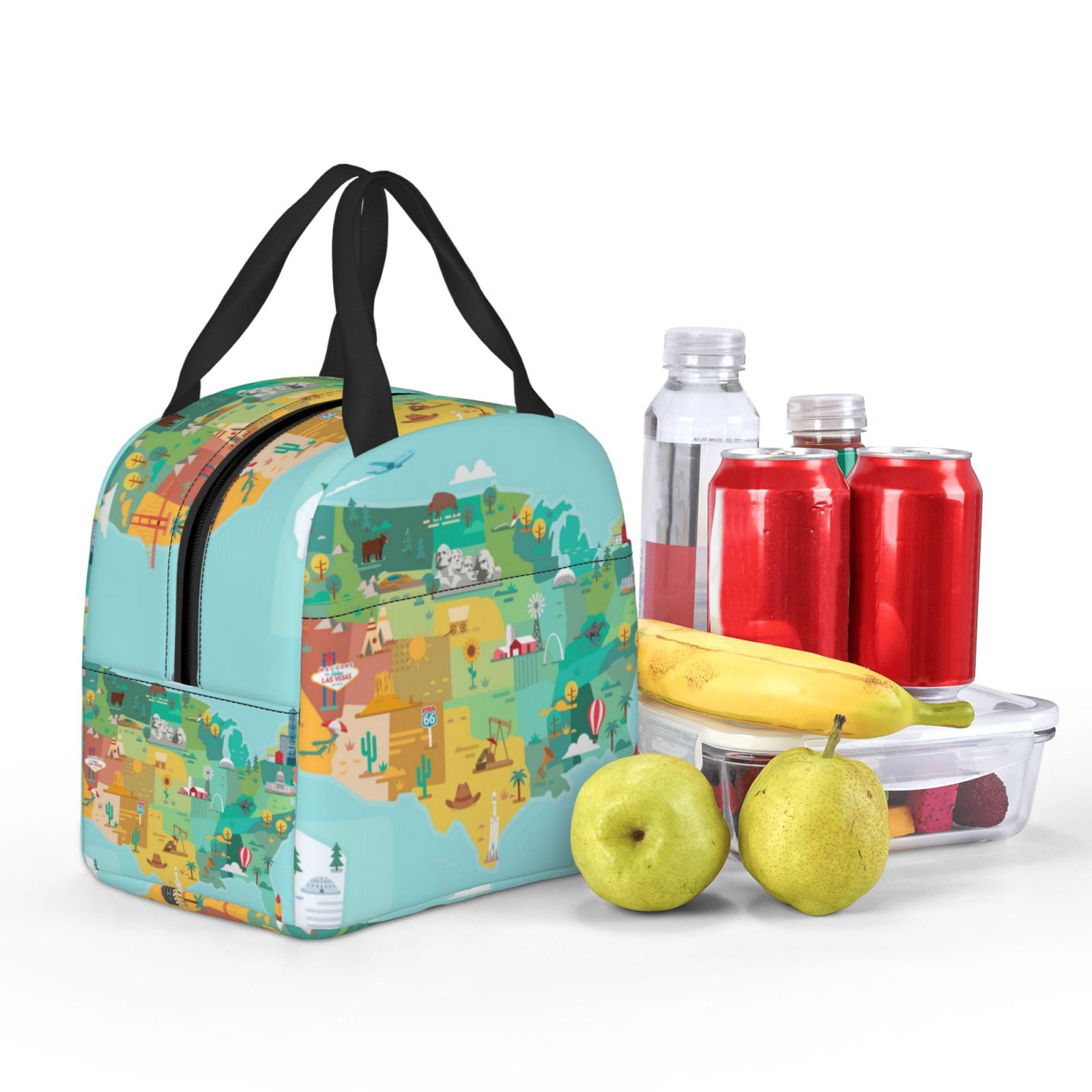 Naloa USA Tourist Map Print Lunch Box for Women Men,Insulated Lunch Bag,Lunchbox,Thermal Leakproof Cooler,Reusable Lunch Tote Bag for Work School Travel Picnic