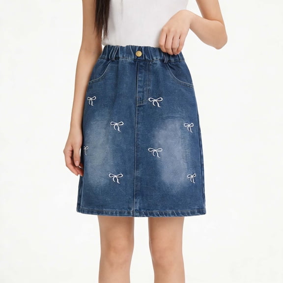 ITSAME Denim Skirt for Girls, Stretchy Fit High Waist Bow Embroidery Summer Fashion Casual Skirt Blue Size 10-11