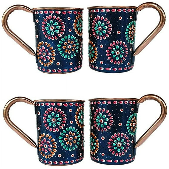 Rastogi Handicrafts Handmade Pure Copper Outer Hand Painted Art Work Wine, Vodka, Beer,Cocktail,Juice, Cold Coffee Straight Mug - Cup 16 oz Pack Of 4 Mug (BLUE)