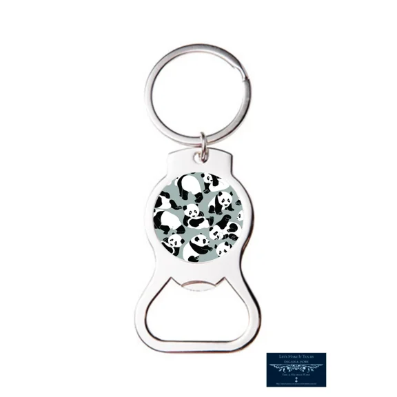 Panda Bears Design Custom Round Metal Bottle Opener Keychain Key Ring Gift New