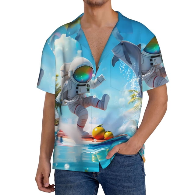 Fotbe Astronaut Tropical Dolphin Camisa Estampada de Manga Corta para Hombre, Casual de Verano, Estilo Playero, Sin Arrugas-X-Large