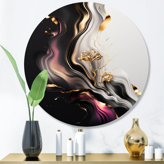 Designart "Subtle Symmetry in Gold and Black" Abstract Metal Round Wall Art Prints