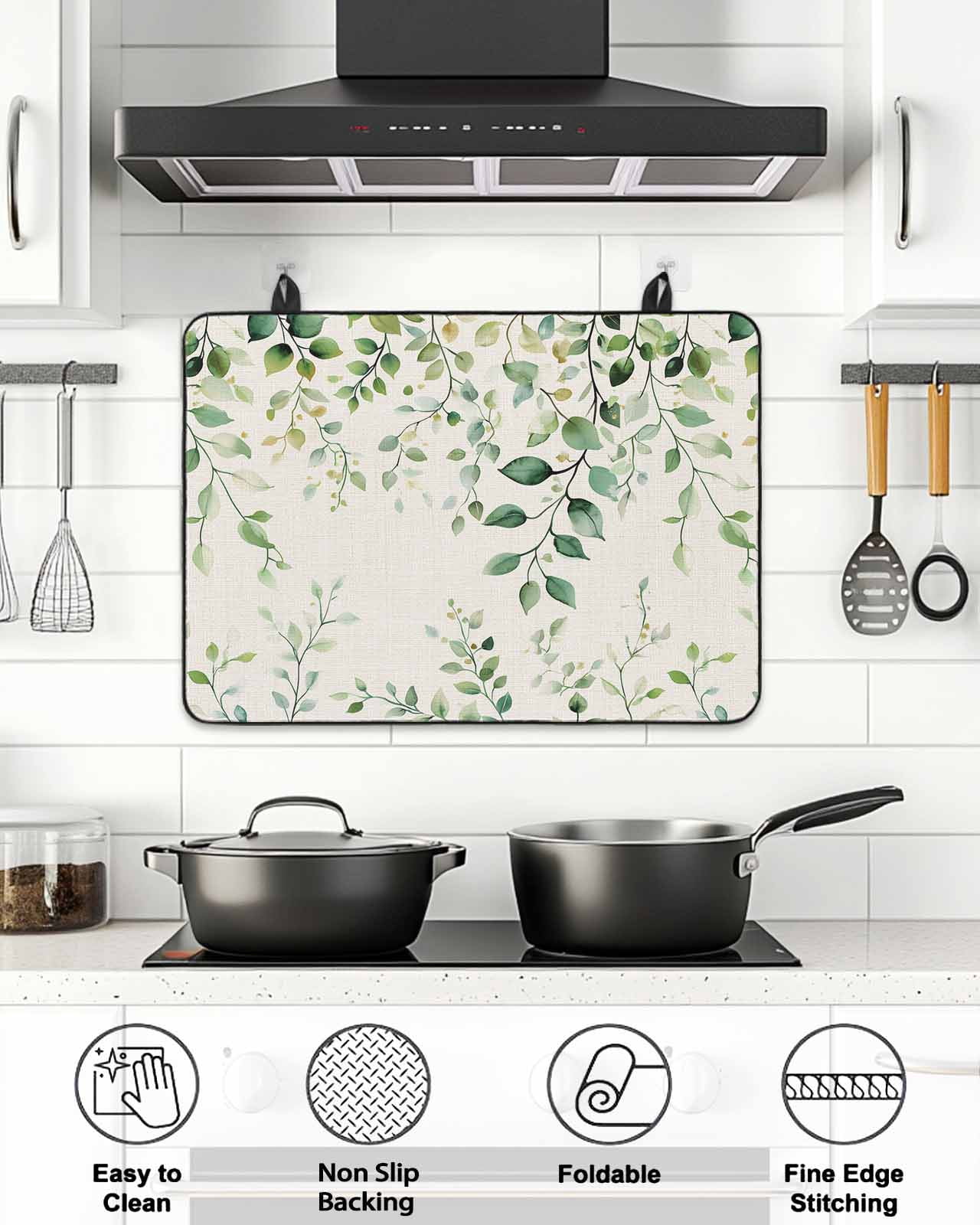Stove Top Covers for Electric Stove, Green Eucalyptus Glass Stovetop Cover Protector, Country Nature Leaf Succulent Plant Induction Cooktop Protector Oven Mat for Kitchen Countertop 24"x21"
