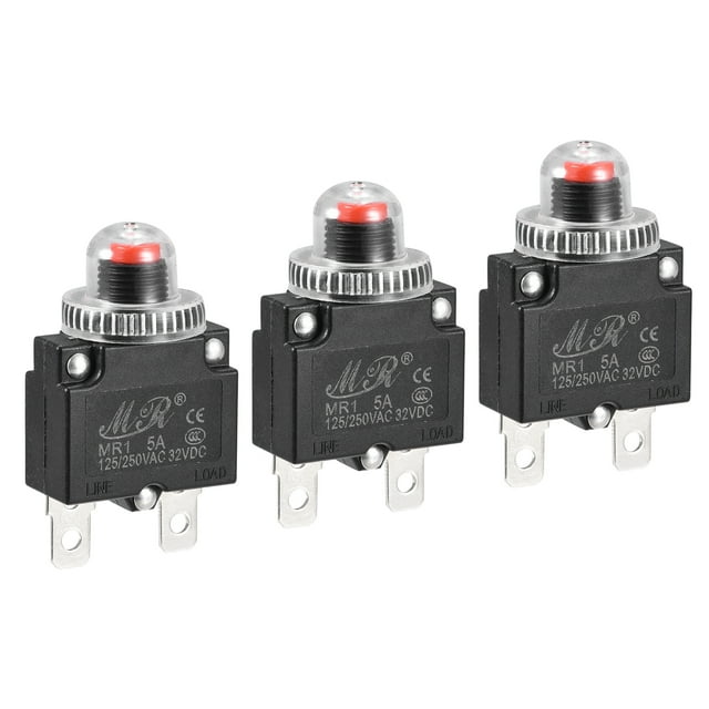 Unique Bargains Circuit Overload Protector 5A AC125/250V DC32V Push Button Thermal Circuit Breaker with Waterproof Caps 3pcs