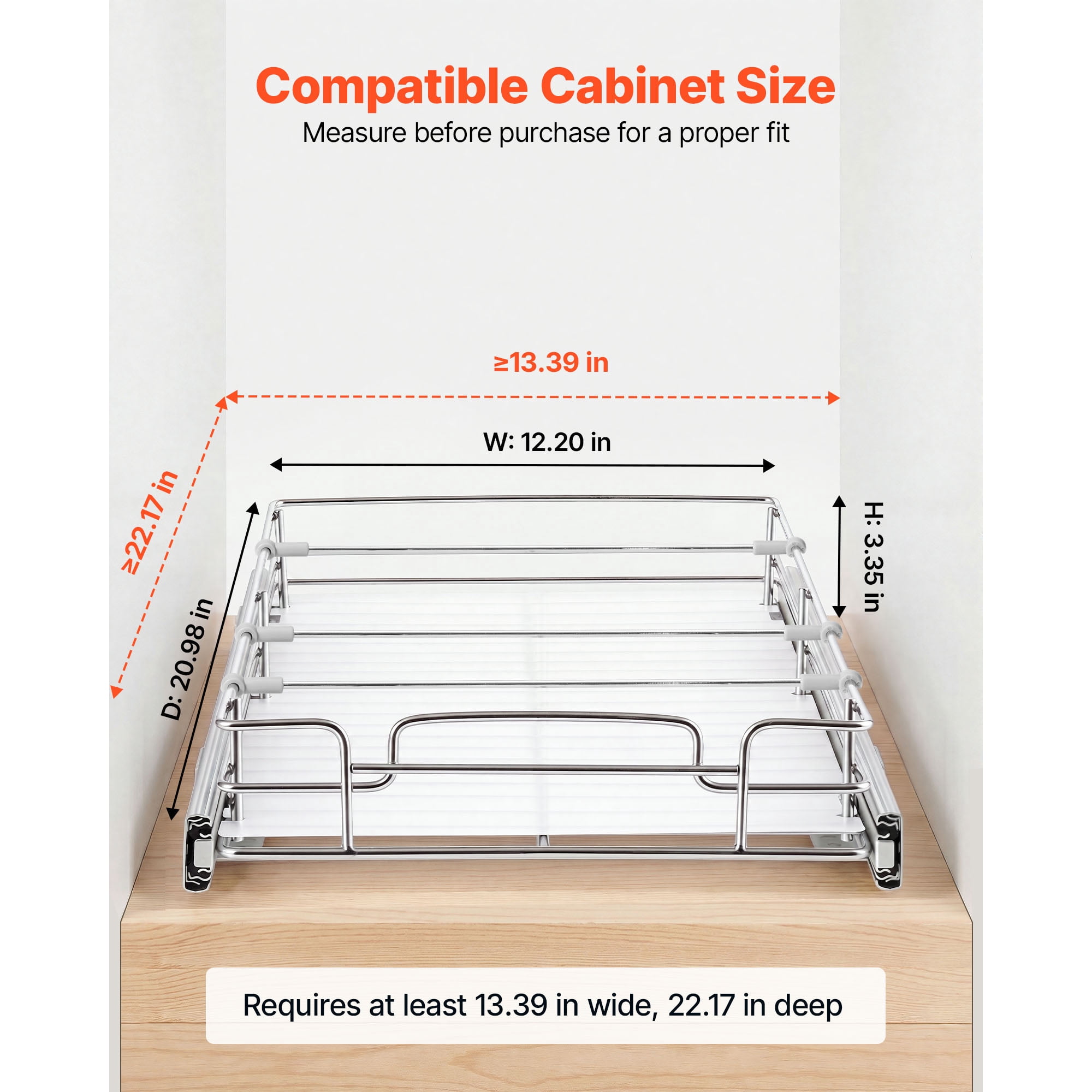 KFFKFF Pull-Out Cabinet Organizer 12.2"W x 20.98"D, Steel Sliding Drawers for Kitchen, Bathroom, Pantry, and Home Storage, Chrome-Plated Finish, Durable Sliding Shelves for Base Cabinets