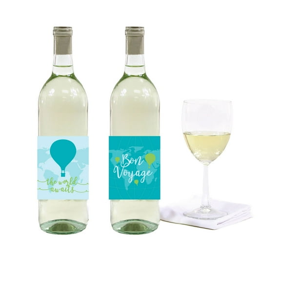 Hot Air Balloon Adventure World Map Party, Blue Green, Wine or Apple Cider Bottle Labels, 8-Pack