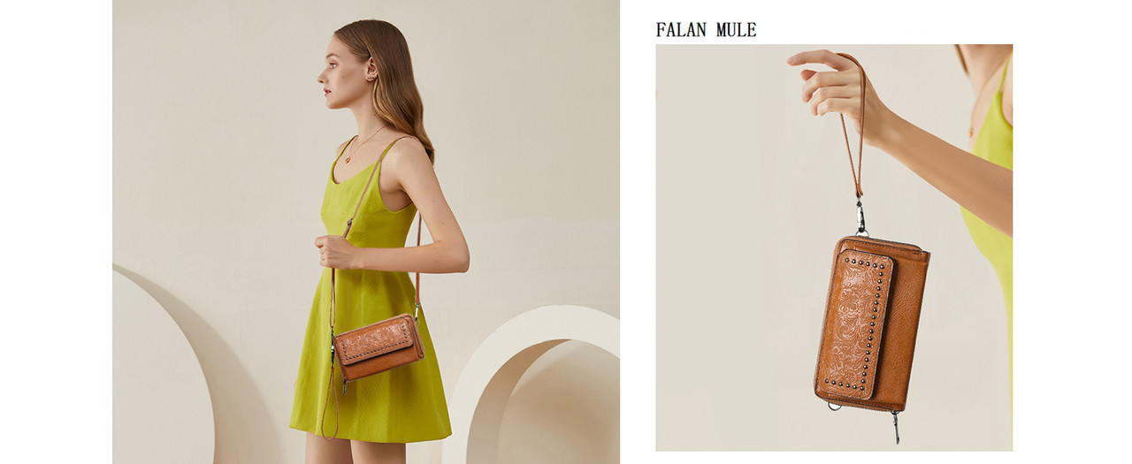 FALAN MULE Crossbody Bags for Women Small Leather Cell Phone Wallet Wristlet Purse with Zip Around 2 Strap
