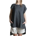thumbnail image 2 of Summer Saving Wycnly Womens Tops Dressy Casual Plus Size Comfy Cotton Linen Irregular Hem Pullover Shirts with Pocket Summer Short Sleeve Round Neck Tops Solid Blouse Black m, 2 of 7