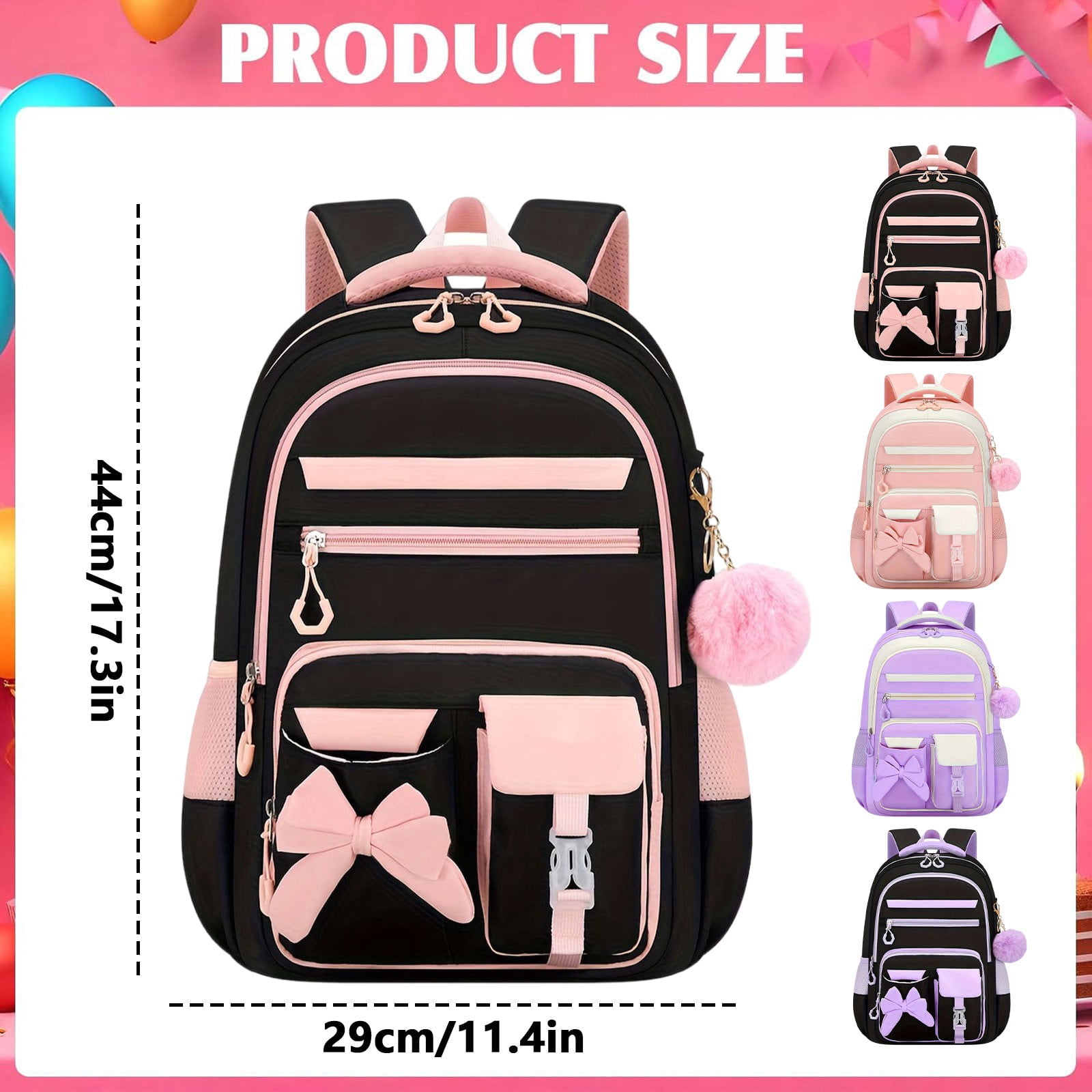 KUMHONW Women Backpack，Cute Office Backpack for Women Teens，Kawaii Bookbag for Primary Elementary，Black Pink