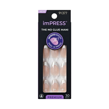 imPRESS Premium Press-On Nails, No Glue Needed, Silver French Tip, Medium Coffin, 33 Ct.