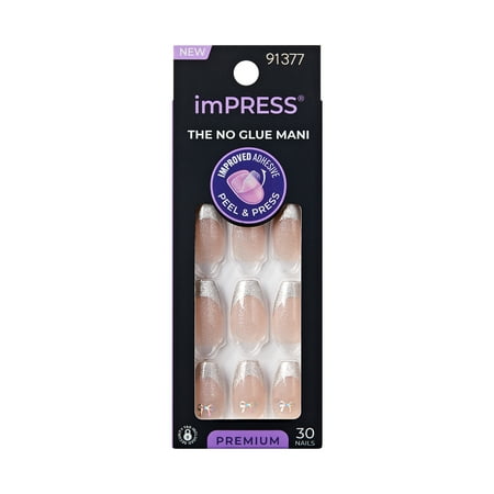 Impress Premium Press On Nails, No Glue Needed, Silver French Tip, Medium Coffin, 30 Ct.