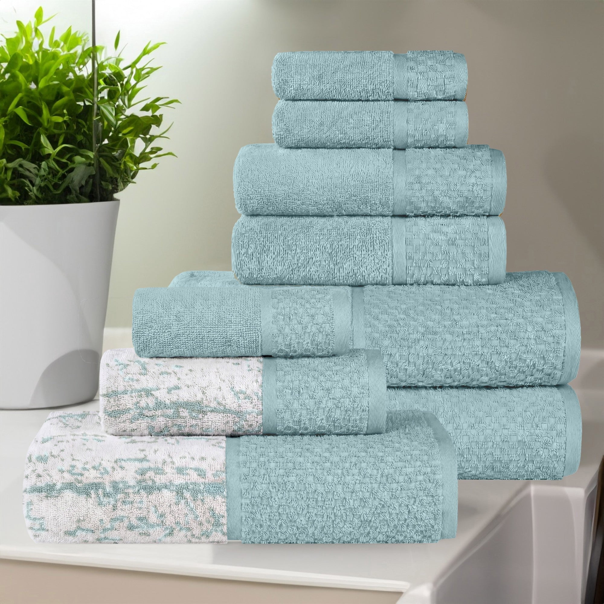Superior Modern Cotton 9 Piece Bathroom Towel Set Mixed Pattern Solid, Cyan