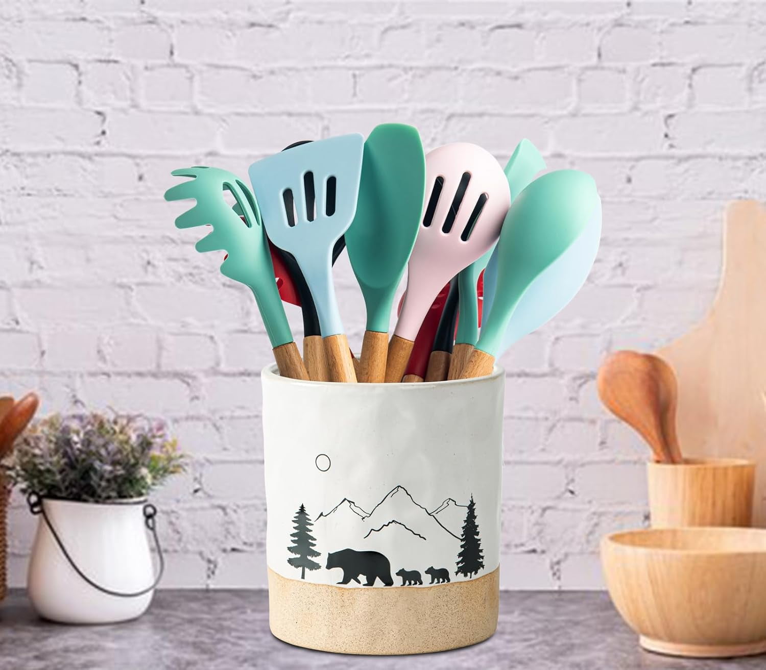 Bear Ceramic Kitchen Countertop Utensil Crock White Large Cooking Utensil Holder