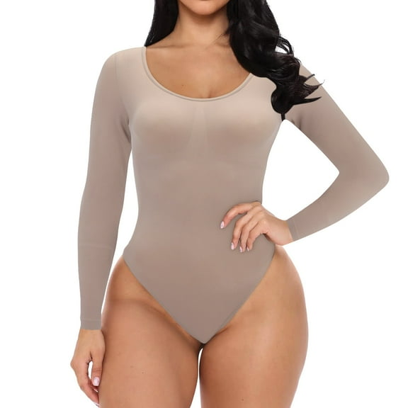 Noarlalf Shapewear Bodysuit Bodysuits for Women Tummy Control Seamless Long Sleeve Bodysuit for Shapewear Thong Sculpting Body Shaper Skin Colour L