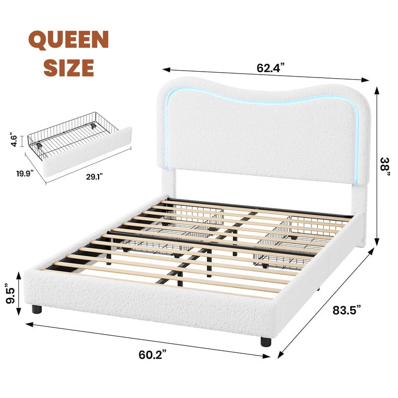 Kicctian Queen size Boucle Bed Frame with LED Headboard & 2 Storage Drawers - Upholstered Platform, Solid Wood Slats,White