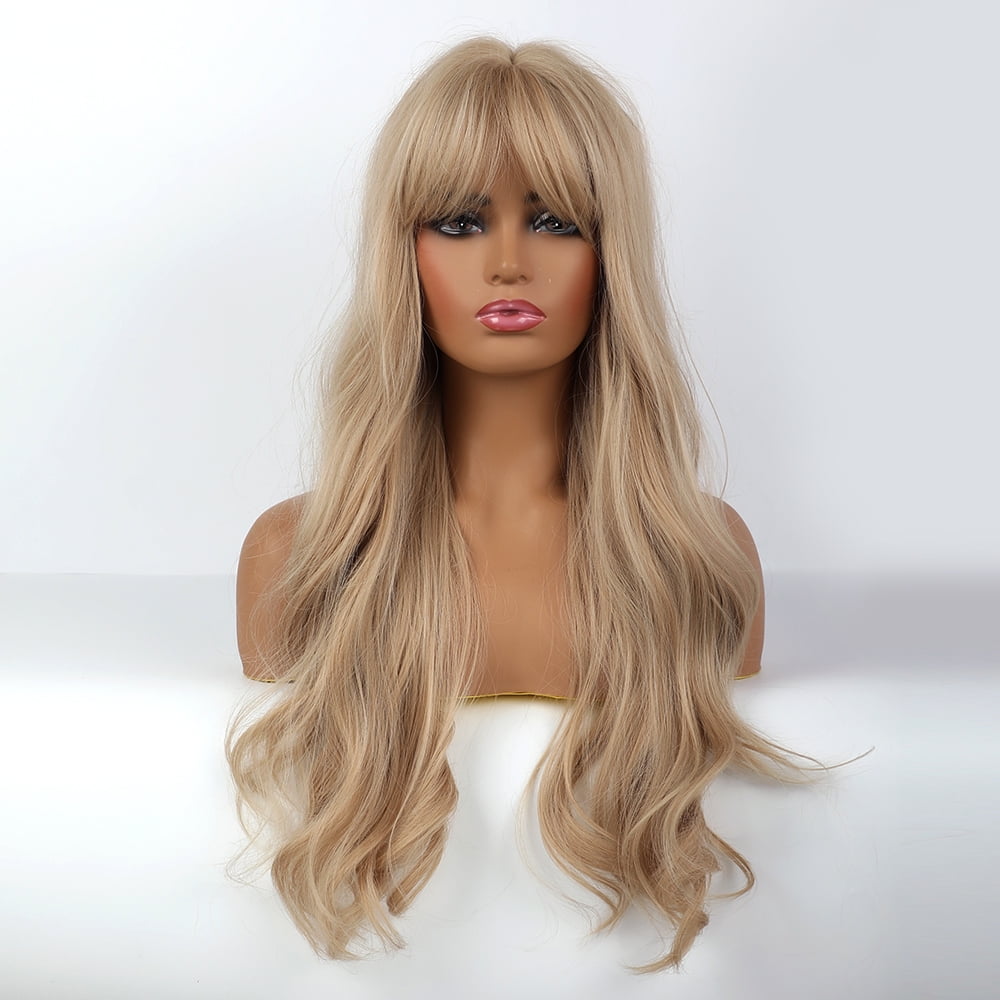 NOGIS Women Long Synthetic Wig Light Blonde Wigs with Bangs Natural Wave Long Curly Heat Resistant  Synthetic Wig