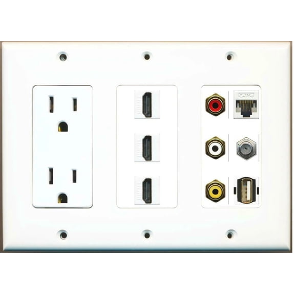 Ultra Spec Cables 15A Power Outlet 3 HDMI RCA Red/White/Yellow Cat5e Coax USB A-A Wall Plate