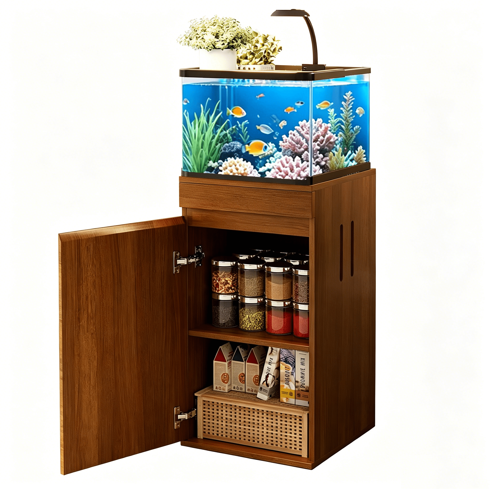 Mintazer 10-15 Gallon Fish Tank Stand with Charging Station, Aquarium Stand with Storage Cabinet & Adjustable Shelf, Heavy Duty Small Fish Tank Stand, 330lbs, Brown