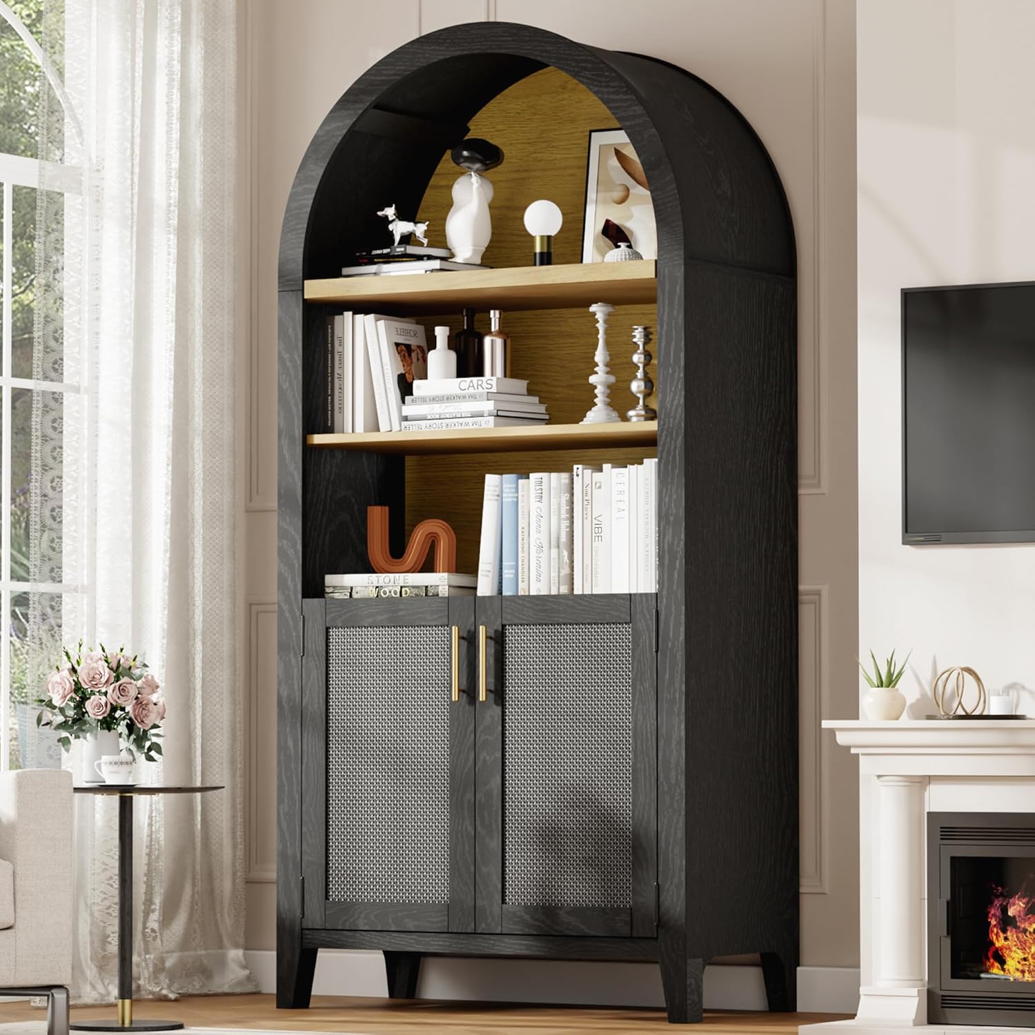MAYEERTY Arched Storage Cabinet with Beech Wood Door, 5-Tier Arched Kitchen Pantry with Storage for Dining Room, Living Room, Kitchen, Office