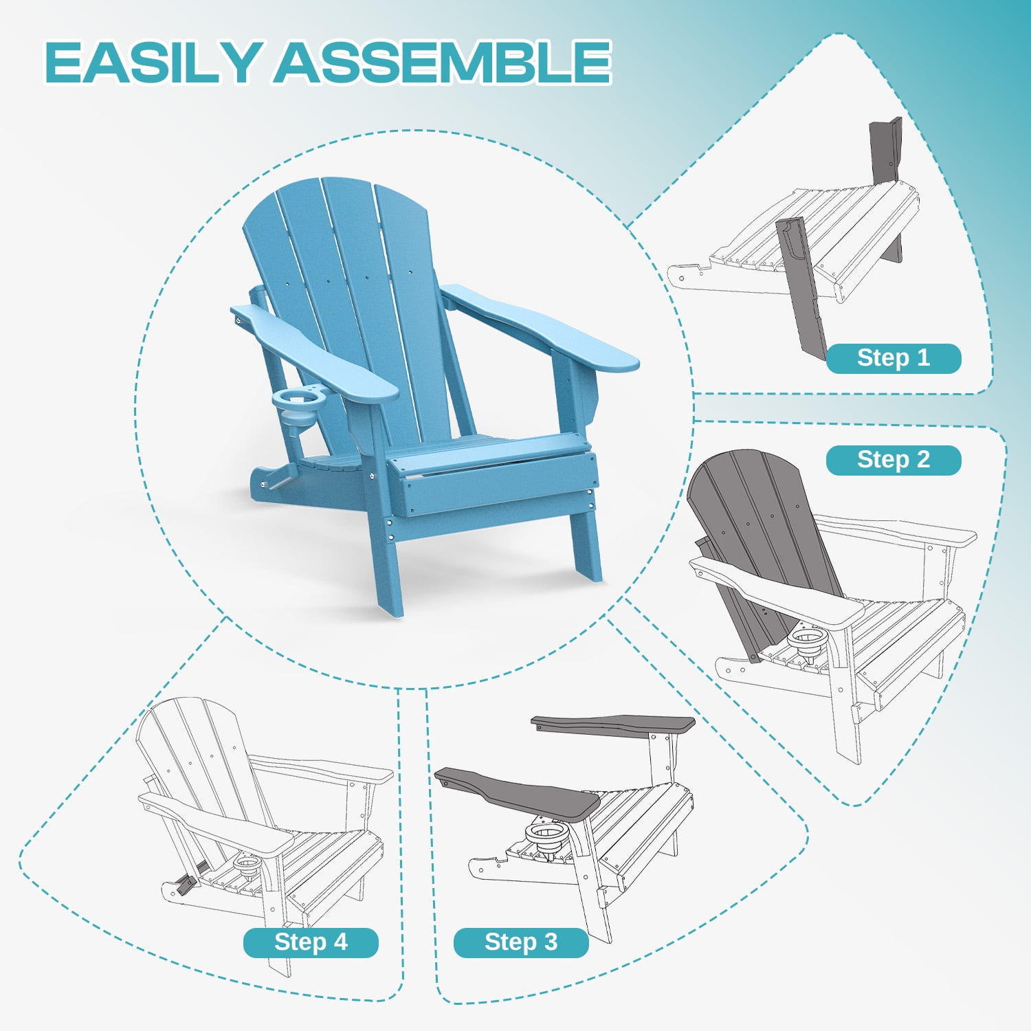 FODINGHILL Outdoor Folding Adirondack Chair set of 2, HDPE All Weather Patio Chair with Cup Holder for Deck Backyard Garden, Arctic