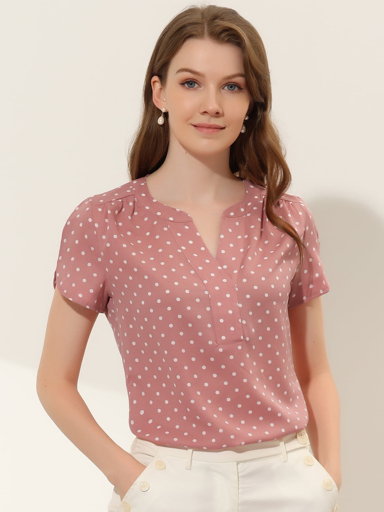 DARING DIVA V Neck Dots Printed Work Office Blouse Top L Pink