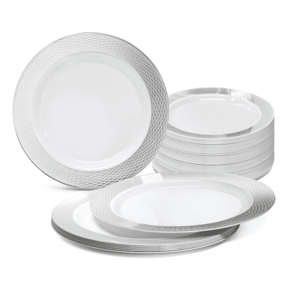 " OCCASIONS " 240 Plates Pack, Heavyweight Disposable Wedding Party Plastic Plates (10.5'' Dinner Plate, Diamond in White & Silver)