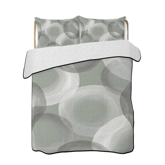 Twin XL Quilt Bedding Set, Grey White Ombre Circle Reversible Summer Quilt 3 Pieces, Modern Abstract Art Green Lightweight Bedspreads Coverlets with 2 Pillow Shams for All Seasons