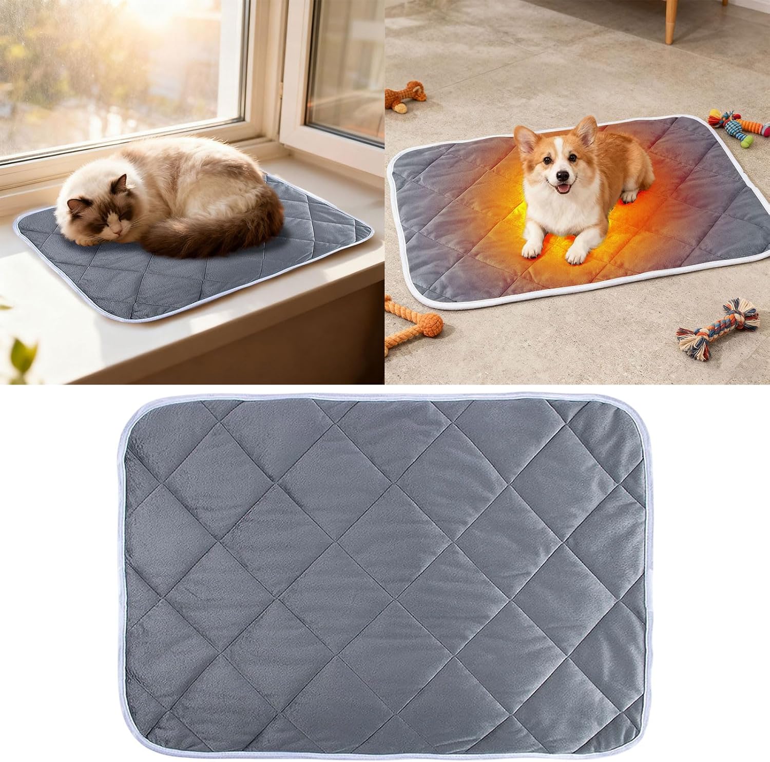 Heated Cat Bed, Dog Heating Pad, Waterproof Extra Warm Thermal Pet Pad for Indoor Outdoor Decor, Non-Slip Heating Pads for Dogs Cats, Pet Bed Home Decor Washable, Gifts for Women Men (Grey)