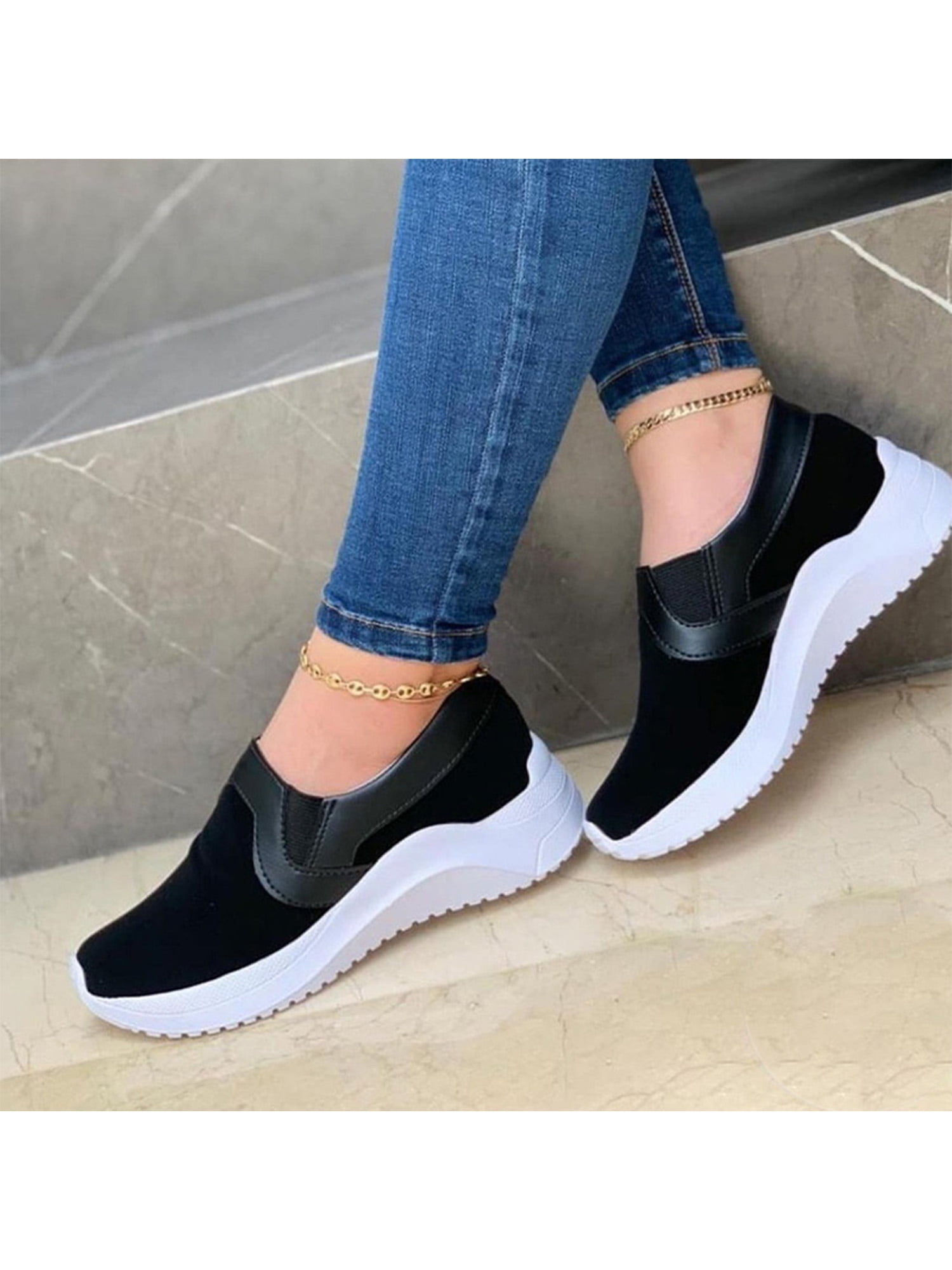 Women Platform Sneakers Slip On Trainers Comfy Plaid Loafers Walking Sport Shoes 