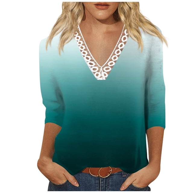 Pompotops T-shirt Mode Imprimé Ample pour Femmes Manches 3/4 Blouse Dentelle Col Rond Hauts Décontractés Liquidation