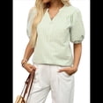 thumbnail image 2 of Blusa de Rayas con Mangas Abullonadas para Mujer, Cuello en V, Corte Holgado, Informal, para Verano, para el Trabajo, Camisa A Rayas Verde S, 2 of 8