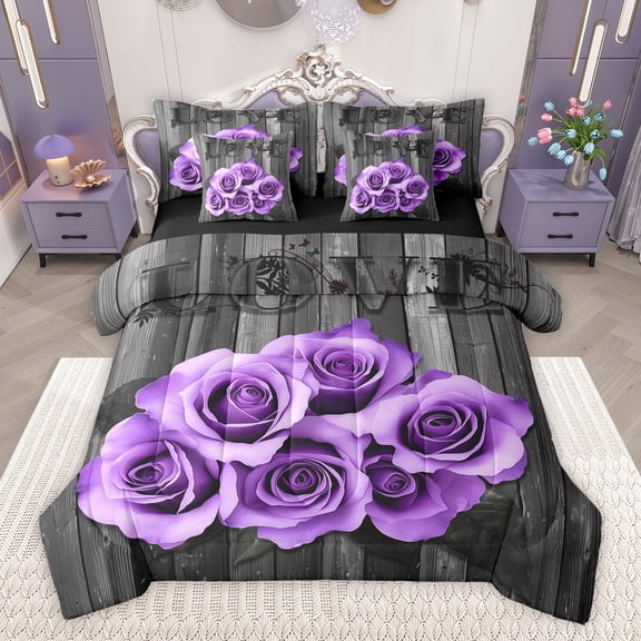 Feelyou Romantic Valentine's Day Bedding Comforter Set 7 Pieces, Rose Flower Purple Full Bedding Set, Rustic Lodge Cabin Reversible Fitted Sheet Flat Sheet, Microfiber Bedroom Decor