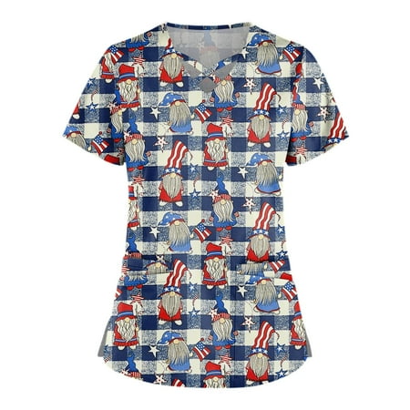 

Alrise Indepence Day Shirt Plus Size Cute Printed Scrub Working Uniform Tops For Women Cross V-Neck Short Sleeve Fun T-Shirts Workwear Tee With Pockets Black 4X-Large