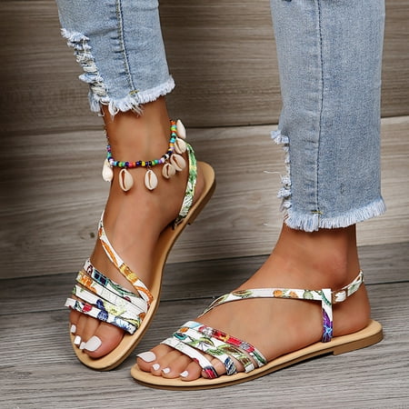 

ZXHACSJ Women s Ladies Spring Summer Woven Flat Heel Slippers Beach Sandals Roman Shoes White 38