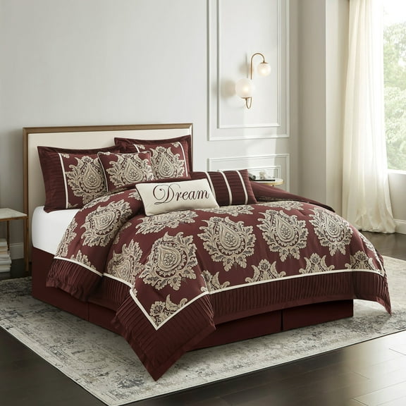 Nanshing Therese 7 Piece Comforter Set, Queen, Burgundy