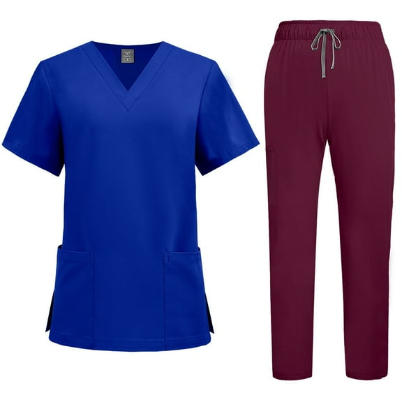 MLQIDK Scrub Sets for Woman Plus Size Nurse Uniforms Stretchy V-Neck Scrub Tops and Pants Scrub Set Medical Scrub Sets Med Couture Scrubs Royal Blue S