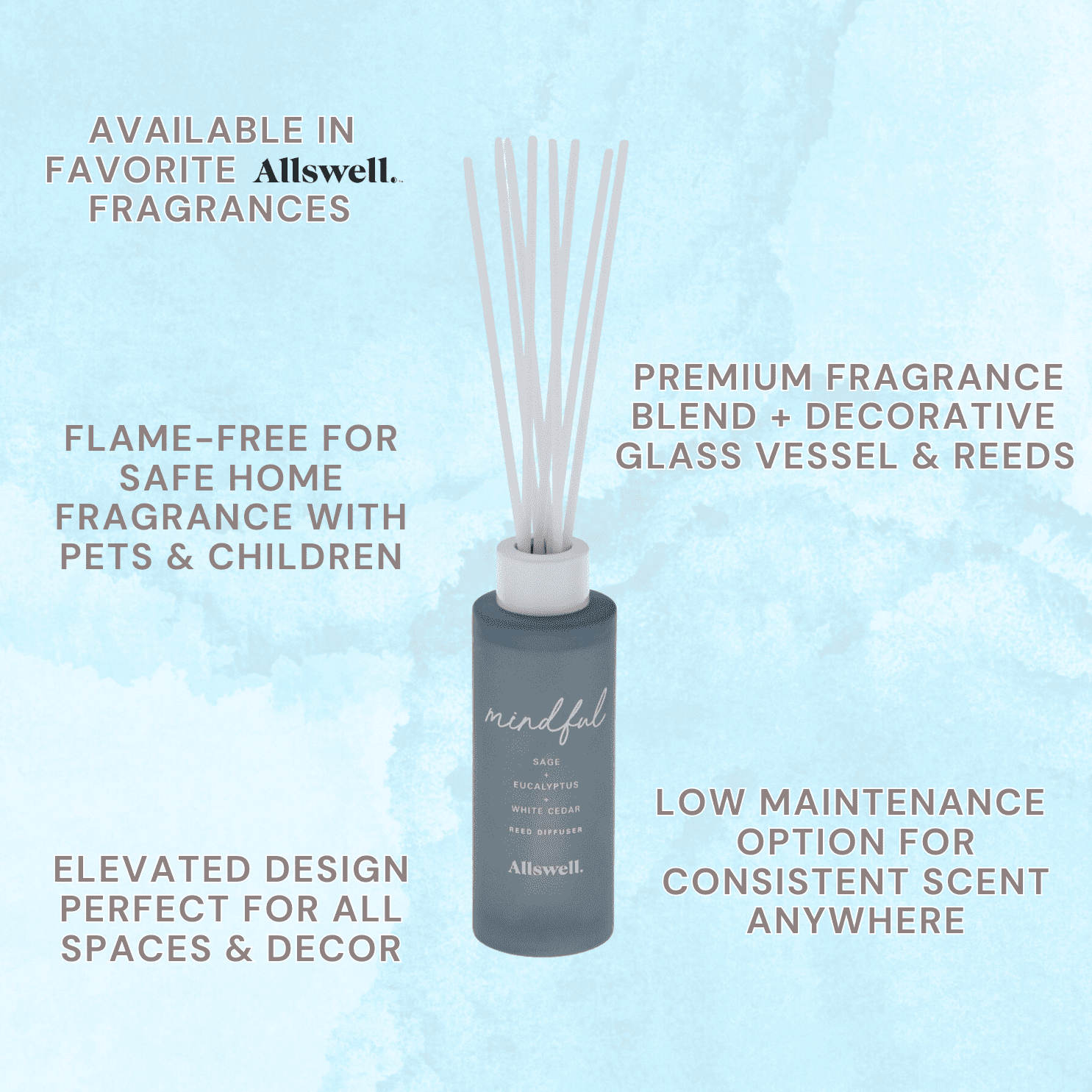 Allswell Mindful (Sage + Eucalyptus + White Cedar) Scented Reed Diffuser 3 Fl Oz (90mL) With 8 Synthetic Reeds.