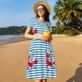 thumbnail image 4 of Vsdgher Robe Midi Décontractée Rouge Drôle Crabe sur Rayures Bleues pour Femmes Été 2025 Manches Courtes Légères Col Rond Robe de Plage, 4 of 6