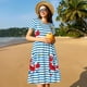 thumbnail image 4 of Fotbe Red Funny Crab on Blue Stripe Vestido Largo de Moda para Mujer, Vestido Tipo Camiseta con Manga Corta y Estilo Casual a Rayas y Bloques de Color, 4 of 6