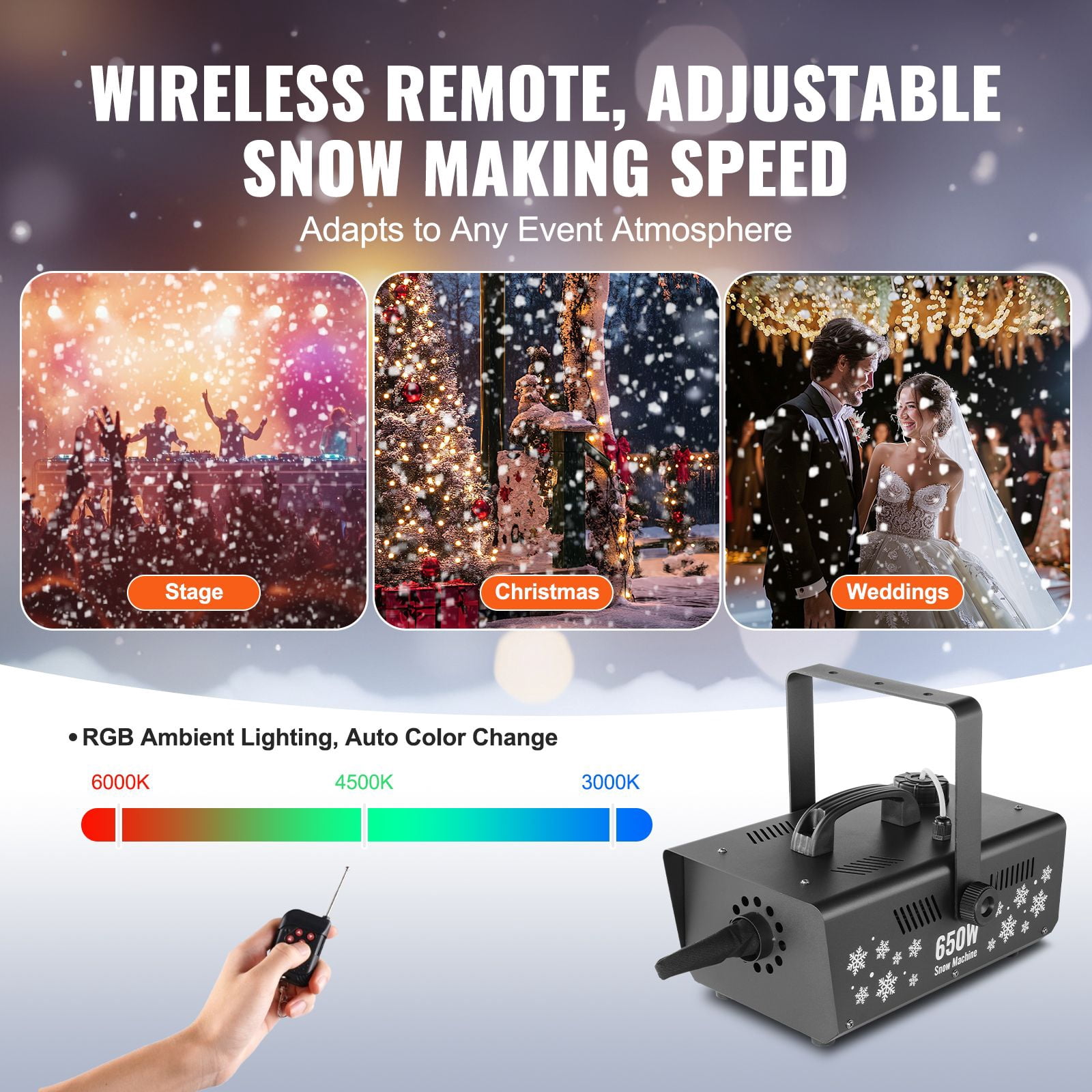 Snow Machine, 650W Wireless Remote Control Snow Maker Machine with 1L Tank High Output Portable Artificial Snowflake Machines for Christmas Holidays Parties Wedding Stage Effect