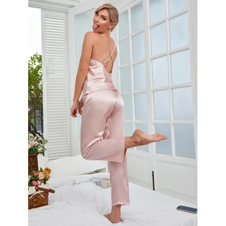 

Elegant Sexy Solid Pajama Set Halter Neck Criss Cross Back Cami Top & Pajama Pants Women‘s Sleepwear & Loungewear