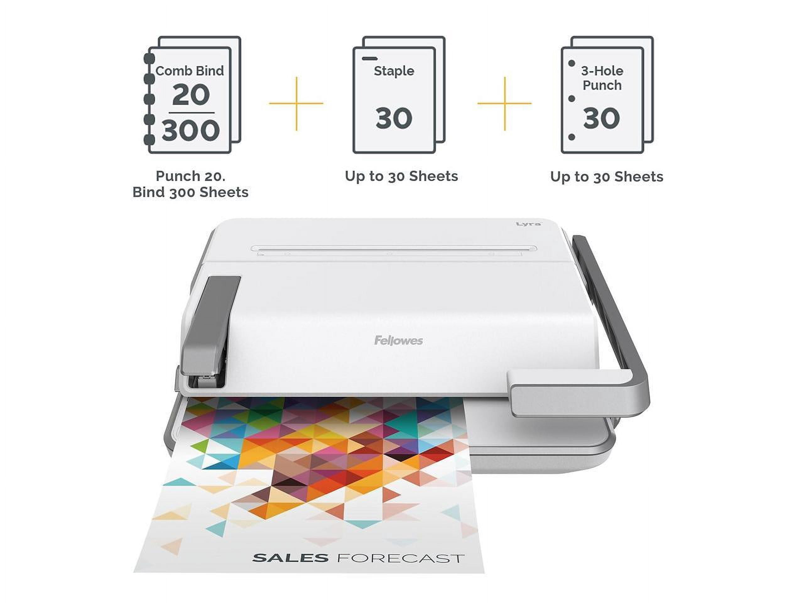 Fellowes Lyra 3-in-1 20 Sheets Punched Comb Binding Machine with Document, White/Gray