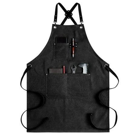 

Apron for Men Canvas Arpons with Pockets-Cross Back Kitchen Apron for Cooking Grilling Baking BBQ Barber-Black