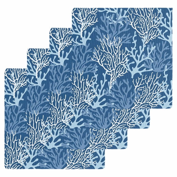 Navy Blue Coral Coastal Kitchen Dish Towels for Drying Dishes Set of 4, Ocean Nautical Seaside Beach Waffle Weave Microfiber Hand Tea Bathroom Towels Quick Dry & Absorbent Towel 12x12