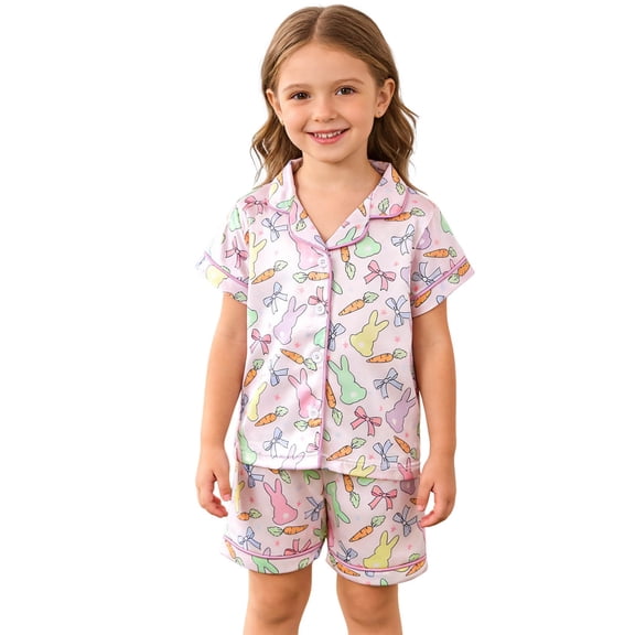 Toddler Easter Pjs for Kids Satin Pajama Set Short Sleeve Cute Print Button down Sleepwear Loungewear Set Kids Pjs Girls Size 12-18 Months