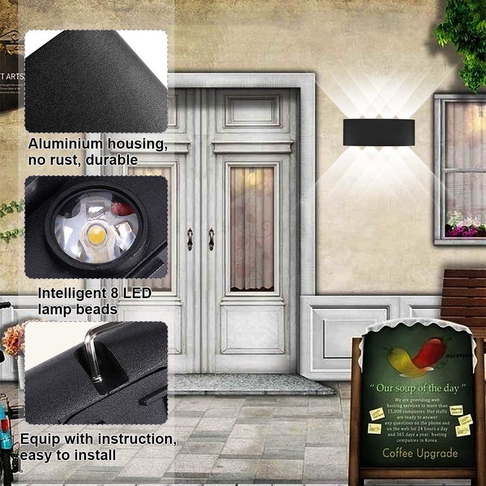 OUSITAID Modern Outdoor Waterproof Wall Lamp 8W 8 LEDs Hallway Porch Wall Sconce Up Down Wall Light Indoor Matte Black Wall Mount Light Fixture for Hotels Yards Doorways Garden Pathway