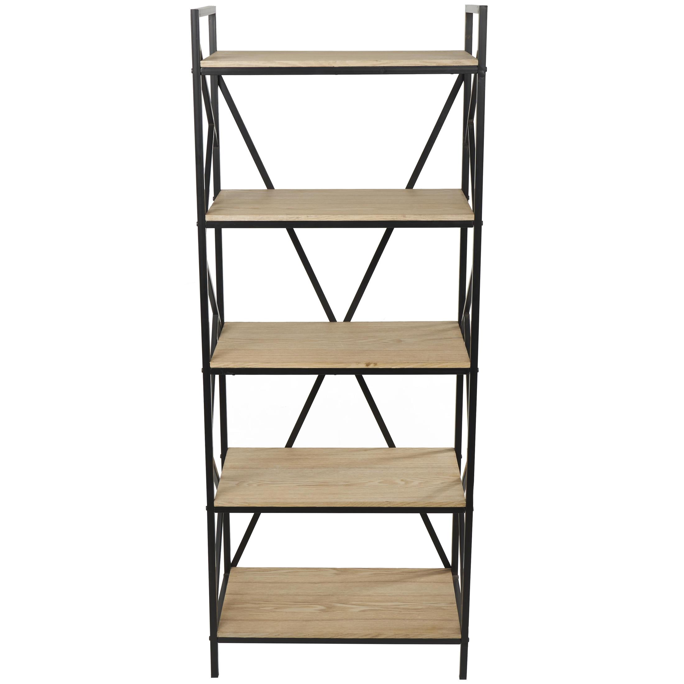 DecMode 29" x 74" Brown Wood 5-Tier Shelving Unit with Black Metal Frame, 1-Piece