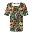 thumbnail image 3 of Women's Shirts Summer New Square Collar Short Sleeved T-Shirts Fashion Full Floral Printing Front Pleated Blouses Top Button Casual Loose Pullover Tops, 3 of 5